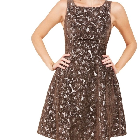 ModCloth Genuine Joy Silver & Brown Flocked Floral A Line Dress Women’s XL - Picture 2 of 13
